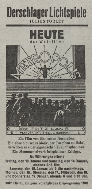 Historische Anzeige „Metropolis“, Derschlager Lichtspiele, 1928 (Foto: Anna Domnick)