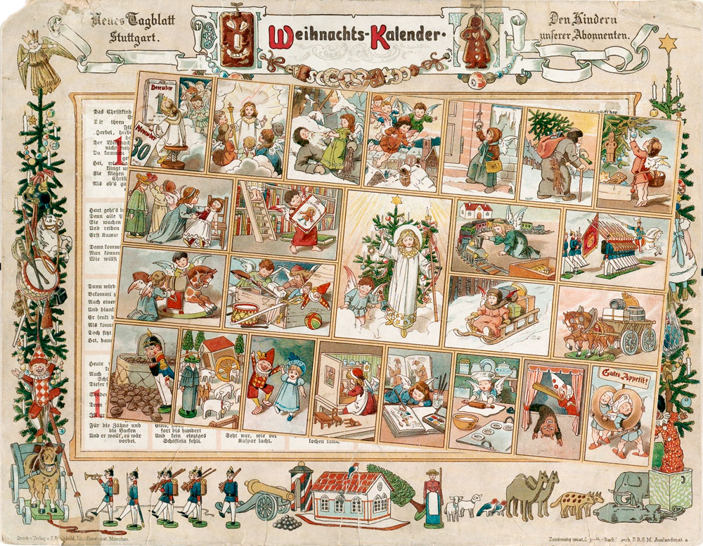 Gerhard Lang/Richard Ernst Kepler: Weihnachts-Kalender [Im Lande des Christkinds]; Beilage der Zeitung „Neues Tagblatt“ Stuttgart, Verlag Friedrich Reichhold, München, 1904; Foto: © Staatliche Museen zu Berlin, Museum Europäischer Kulturen / Ute Franz-Scarciglia